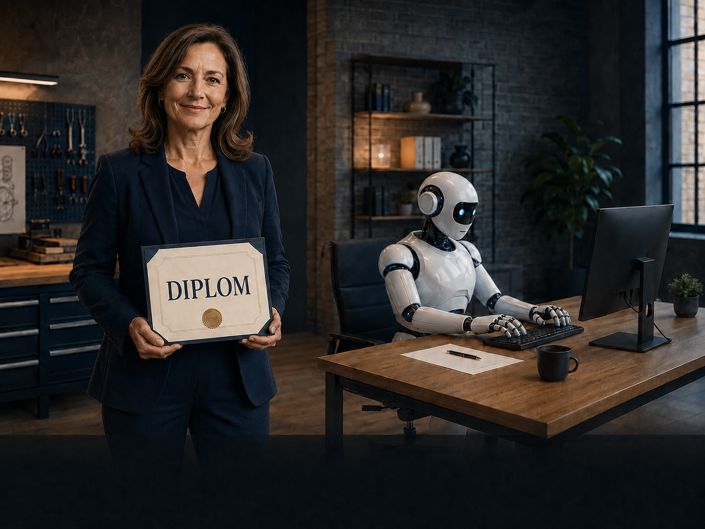 Eine stolze Bootcamp-Absolventin hält ihr KI-Diplom, während ihr professioneller weißer KI-Buddy am Schreibtisch arbeitet.